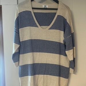 Striped V-Neck Sweater in Cream and Blue